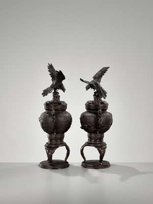 Lot 264 - A PAIR OF BRONZE KORO (CENSER) AND COVERS WITH EAGLE AND DRAGONS