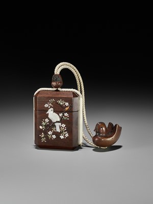 Lot 60 - SANDOKU: A SUPERB SHIBAYAMA INLAID SINGLE-CASE WOOD INRO WITH A COCKATOO AND BUTTERFLIES