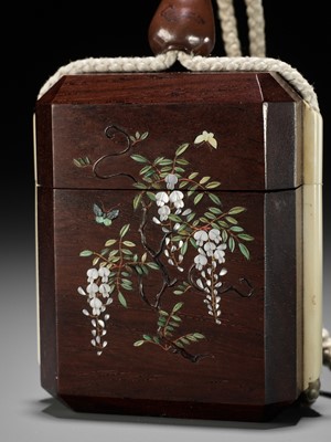 Lot 60 - SANDOKU: A SUPERB SHIBAYAMA INLAID SINGLE-CASE WOOD INRO WITH A COCKATOO AND BUTTERFLIES