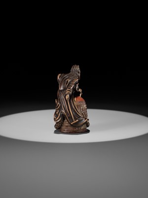 Lot 116 - A SUPERB AND RARE WOOD AND LACQUER NETSUKE OF KIYOHIME