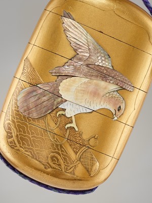 Lot 45 - HOYU: A FINE SHIBAYAMA INLAID GOLD LACQUER FOUR-CASE INRO WITH HAWKS