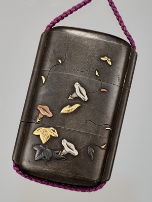 Lot 54 - YASUCHIKA: A RARE MIXED METAL TWO-CASE INRO WITH BUTTERFLIES AND ASAGAO (MORNING GLORY)