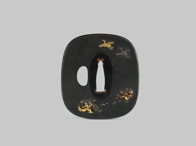 Lot 300 - A FINE SHAKUDO TSUBA DEPICTING THE ONI-YARAI CEREMONY