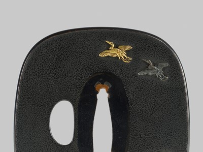 Lot 300 - A FINE SHAKUDO TSUBA DEPICTING THE ONI-YARAI CEREMONY