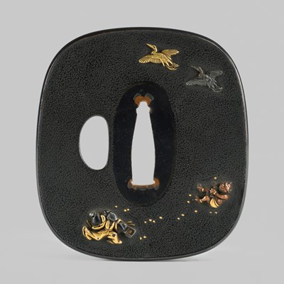 Lot 300 - A FINE SHAKUDO TSUBA DEPICTING THE ONI-YARAI CEREMONY