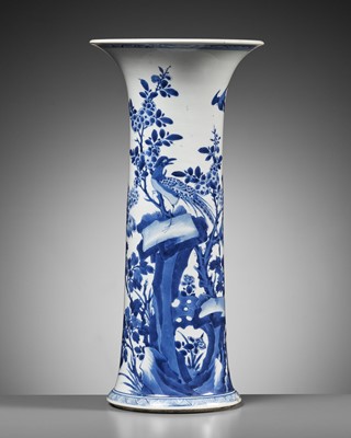 Lot 270 - A LARGE BLUE AND WHITE ‘PHEASANT’ BEAKER VASE, SHUNZHI TO KANGXI PERIOD