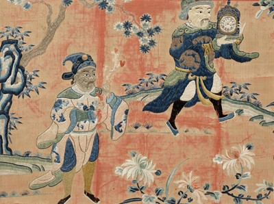 Lot 345 - A SILK EMBROIDERED ‘MECHANICAL CLOCK TRIBUTE’ FRAGMENT, CHINA, 1680-1720