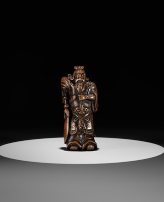 Lot 20 - A POWERFUL WOOD NETSUKE OF KAN’U WITH HIS HALBERD