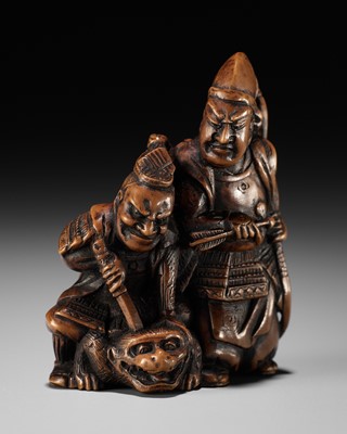 Lot 147 - A FINE WOOD NETSUKE OF INO HAYATA AND MINAMOTO YORIMASA KILLING THE NUE