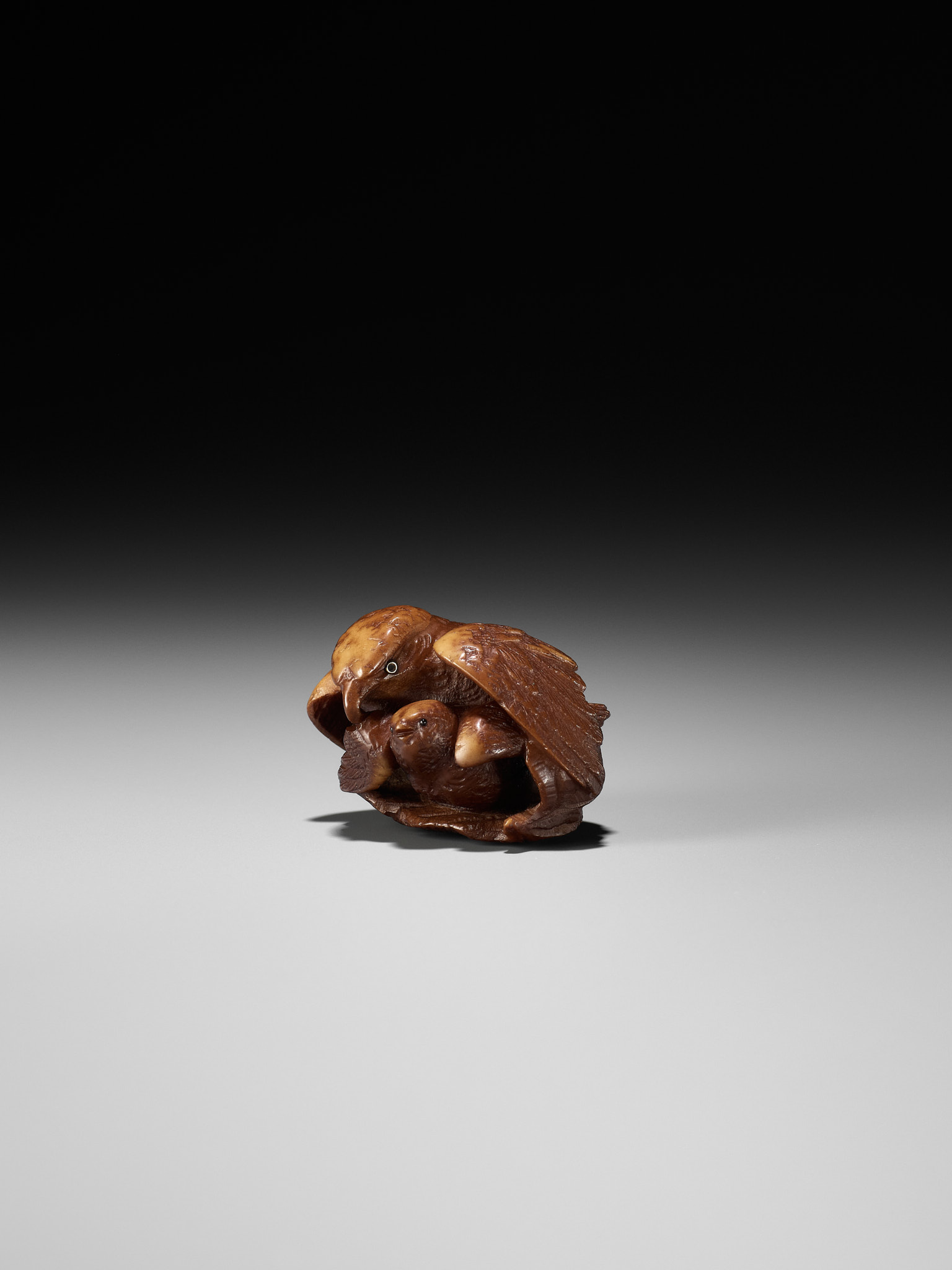 Lot 467 - A COROZO NUT NETSUKE OF A HAWK AND YOUNG