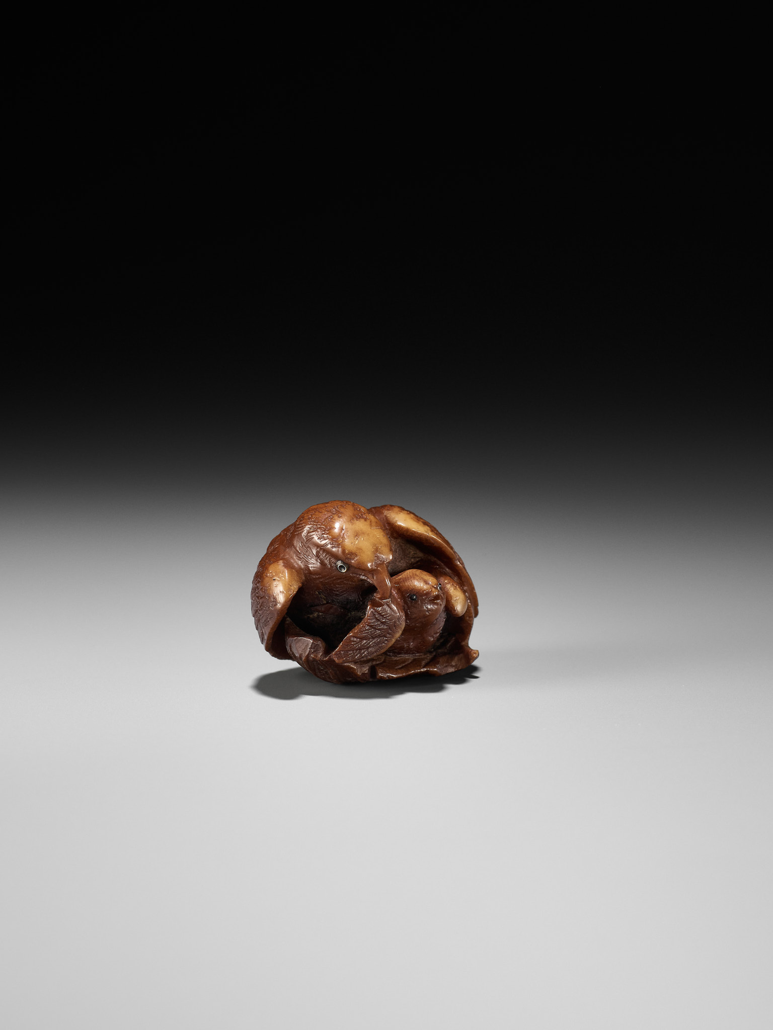 Lot 467 - A COROZO NUT NETSUKE OF A HAWK AND YOUNG