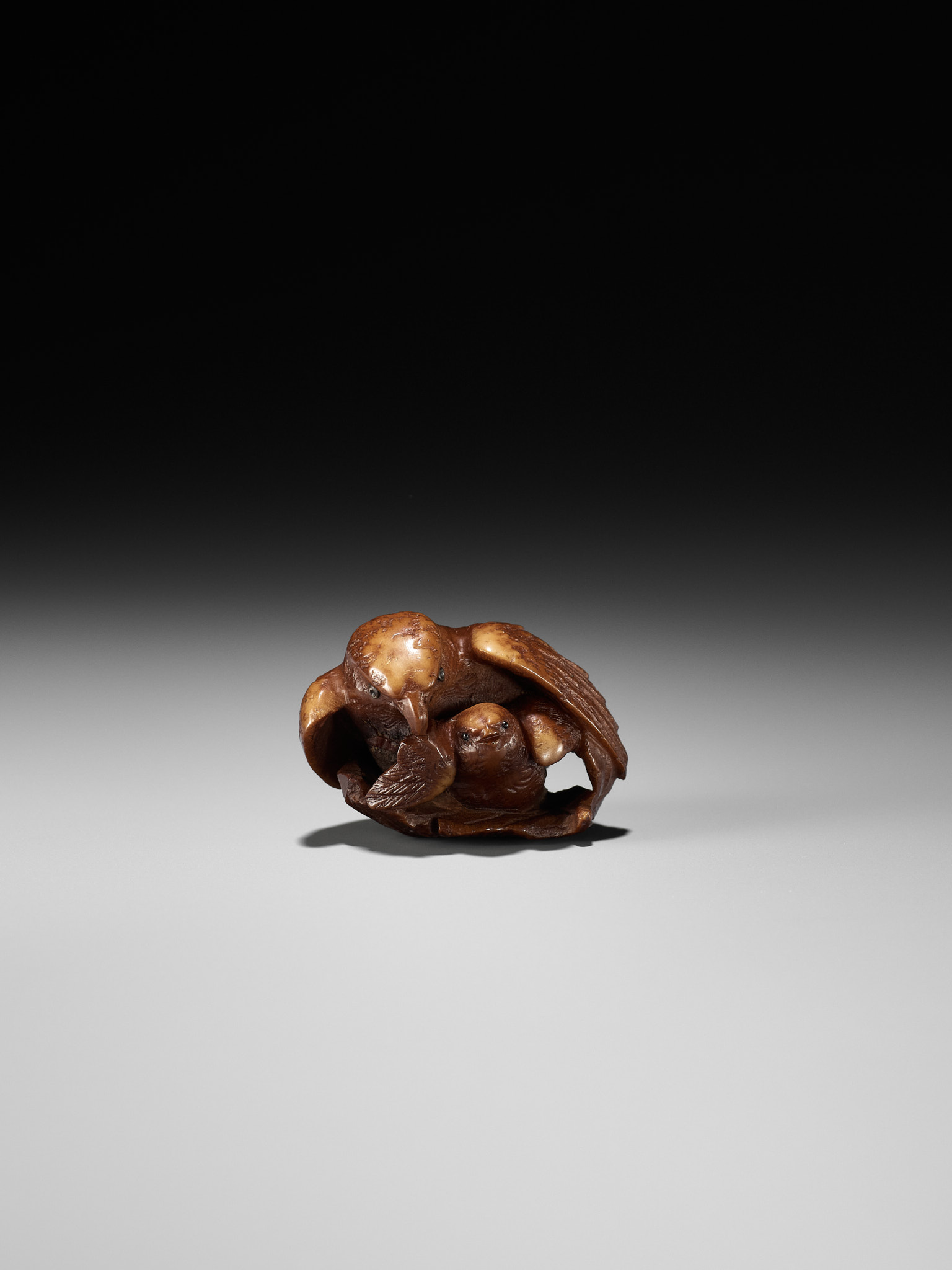Lot 467 - A COROZO NUT NETSUKE OF A HAWK AND YOUNG