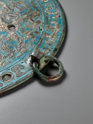 Lot 302 - A RARE TURQUOISE-INLAID BRONZE MIRROR, WARRING STATES PERIOD