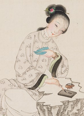 ‘LADY PAINTING ON A BODHI LEAF’, LATE QING DYNASTY TO REPUBLIC PERIOD