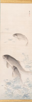 Lot 293 - A SIGNED SCROLL PAINTING OF THREE CARPS IN A POND, MEIJI