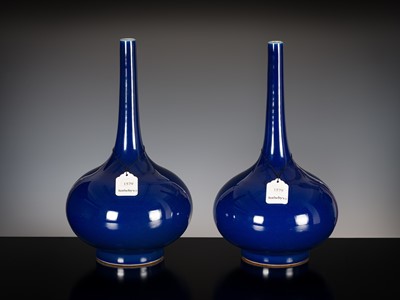 Lot 162 - A LARGE PAIR OF BLUE-GLAZED BOTTLE VASES, LATE QING DYNASTY