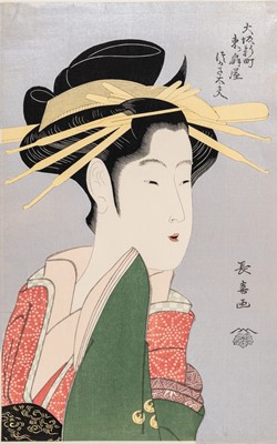 Lot 320 - EISHOSAI CHOKI (1725-1795): PORTRAIT OF THE COURTESAN TSUKASA-DAYU