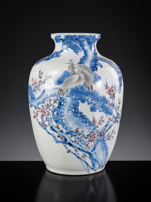 Lot 239 - A LARGE BALUSTER ARITA VASE WITH CRANES, PINE, AND PRUNUS TREES