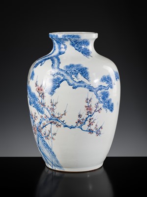 Lot 239 - A LARGE BALUSTER ARITA VASE WITH CRANES, PINE, AND PRUNUS TREES