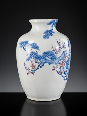 Lot 239 - A LARGE BALUSTER ARITA VASE WITH CRANES, PINE, AND PRUNUS TREES