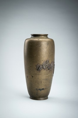 Lot 175 - ATSUYOSHI: A SILVER AND COPPER-INLAID BRONZE BALUSTER VASE DEPICTING A COASTLINE WITH MOUNT FUJI, MEIJI PERIOD