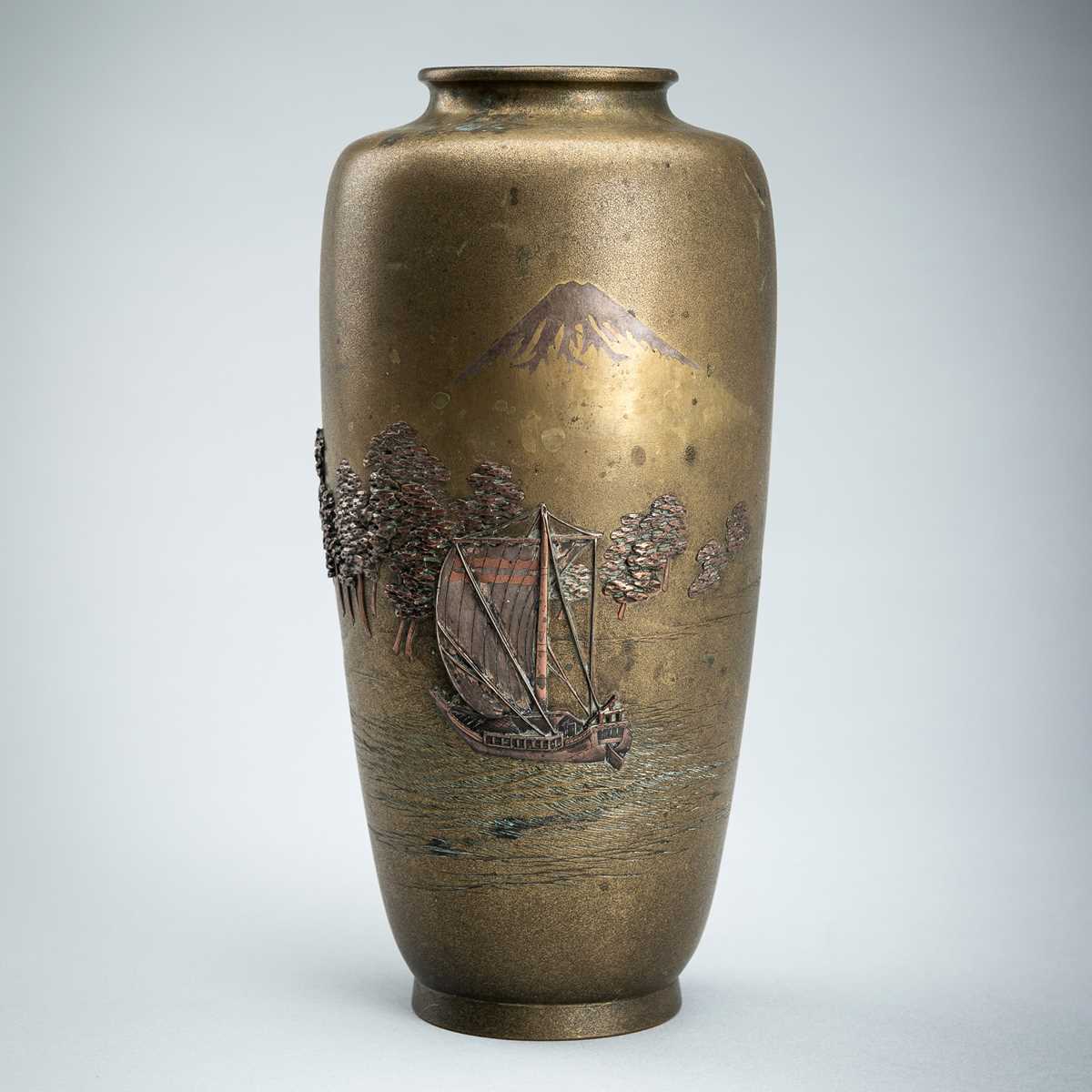 Lot 83 - ATSUYOSHI: A SILVER AND COPPER-INLAID BRONZE BALUSTER VASE DEPICTING A COASTLINE WITH MOUNT FUJI, MEIJI PERIOD
