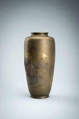 Lot 175 - ATSUYOSHI: A SILVER AND COPPER-INLAID BRONZE BALUSTER VASE DEPICTING A COASTLINE WITH MOUNT FUJI, MEIJI PERIOD