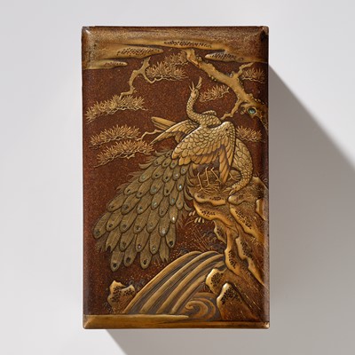 Lot 25 - TOYUSAI: A LACQUER BOX AND COVER DEPICTING A PEACOCK