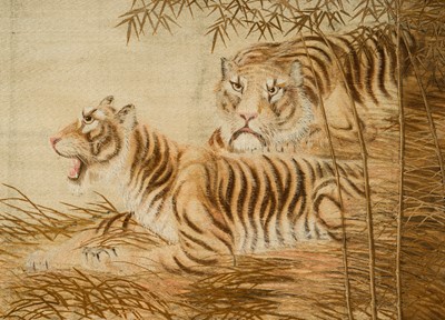 Lot 587 - A LARGE ‘TIGERS IN A BAMBOO GROVE’ SILK EMBROIDERY