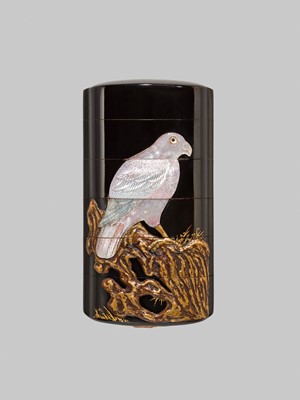 A SUPERB AOGAI-INLAID BLACK LACQUER FIVE-CASE INRO WITH A BIRD OF PREY