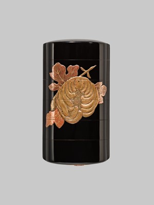 A SUPERB AOGAI-INLAID BLACK LACQUER FIVE-CASE INRO WITH A BIRD OF PREY