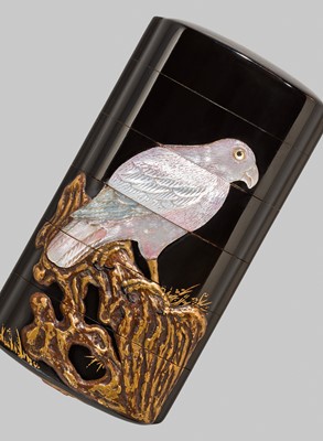 A SUPERB AOGAI-INLAID BLACK LACQUER FIVE-CASE INRO WITH A BIRD OF PREY