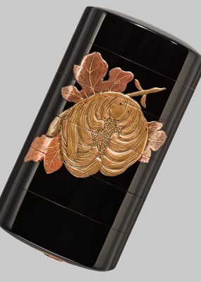 A SUPERB AOGAI-INLAID BLACK LACQUER FIVE-CASE INRO WITH A BIRD OF PREY