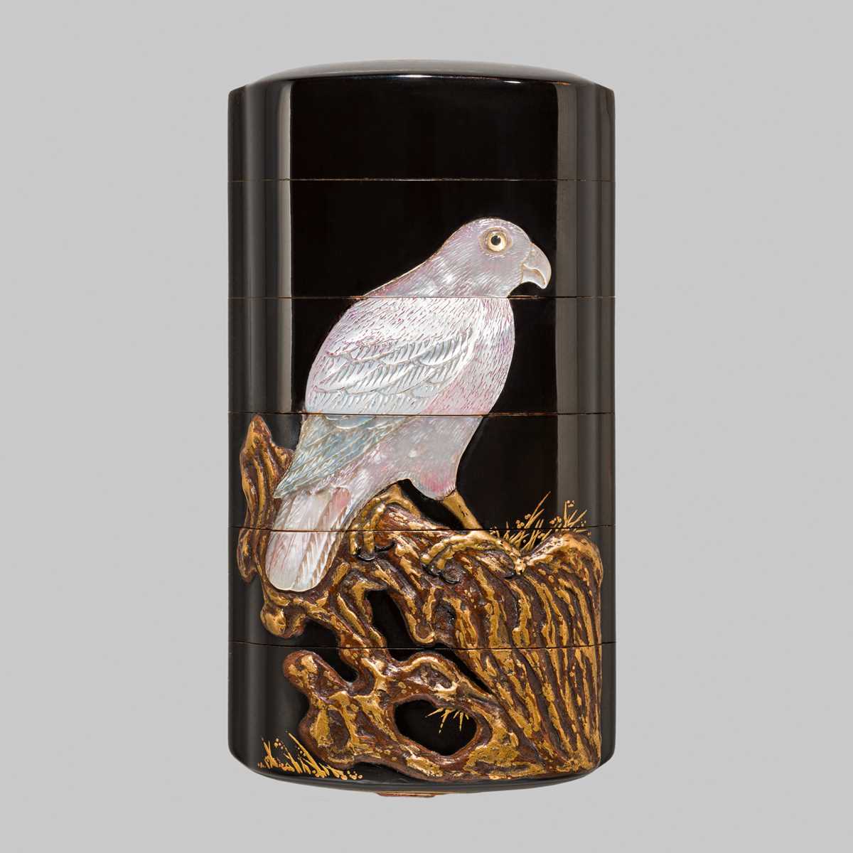 A SUPERB AOGAI-INLAID BLACK LACQUER FIVE-CASE INRO WITH A BIRD OF PREY