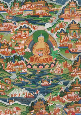 Lot 46 - A THANGKA OF BUDDHA AND JATAKA TALES