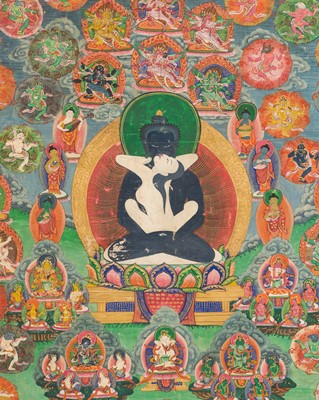 Lot 308 - A FINE THANGKA DEPICTING SAMANTABHADRA WITH CONSORT, 18TH-19TH CENTURY