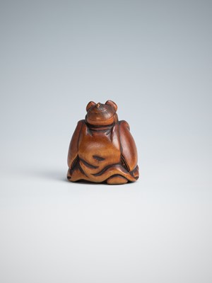 Lot 390 - A CHARMING WOOD NETSUKE OF A KARAKO WEARING A KITSUNE MASK