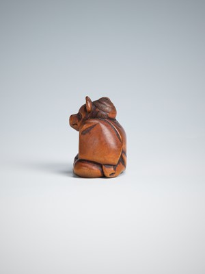 Lot 390 - A CHARMING WOOD NETSUKE OF A KARAKO WEARING A KITSUNE MASK