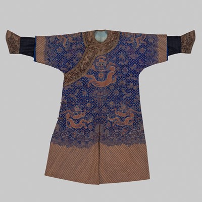 Lot 1123 - A BLUE-GROUND SILK EMBROIDERED ‘DRAGON’ ROBE WITH A RED SILK SKIRT, 19TH CENTURY