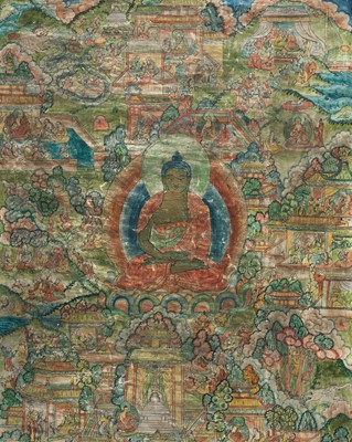 Lot 1114 - A FINE THANGKA OF BUDDHA WITH LIFE SCENES, 19TH-20TH CENTURY