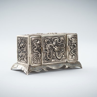 Lot 979 - A SILVER MINIATURE CABINET WITH HINGED DOORS