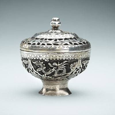 A RETICULATED SILVER MINIATURE INCIENSE BURNER