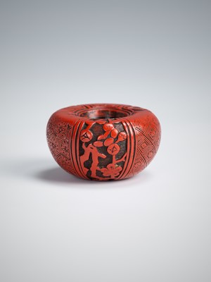 Lot 412 - A RARE TSUISHU LACQUER ASHTRAY NETSUKE DEPICTING THE THREE FRIENDS OF WINTER (SHOCHIKUBAI)
