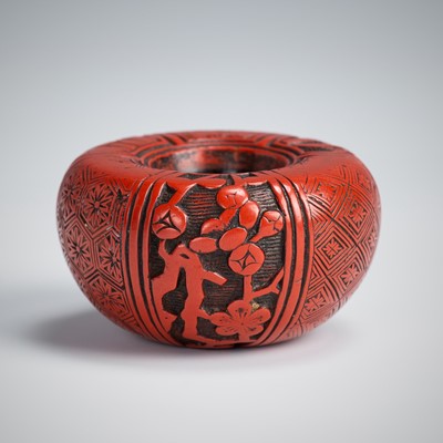 Lot 412 - A RARE TSUISHU LACQUER ASHTRAY NETSUKE DEPICTING THE THREE FRIENDS OF WINTER (SHOCHIKUBAI)