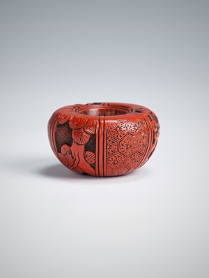 Lot 412 - A RARE TSUISHU LACQUER ASHTRAY NETSUKE DEPICTING THE THREE FRIENDS OF WINTER (SHOCHIKUBAI)