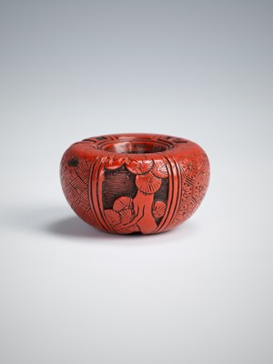 Lot 412 - A RARE TSUISHU LACQUER ASHTRAY NETSUKE DEPICTING THE THREE FRIENDS OF WINTER (SHOCHIKUBAI)