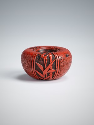 Lot 412 - A RARE TSUISHU LACQUER ASHTRAY NETSUKE DEPICTING THE THREE FRIENDS OF WINTER (SHOCHIKUBAI)