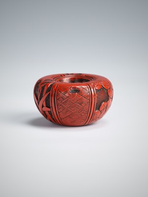 Lot 412 - A RARE TSUISHU LACQUER ASHTRAY NETSUKE DEPICTING THE THREE FRIENDS OF WINTER (SHOCHIKUBAI)
