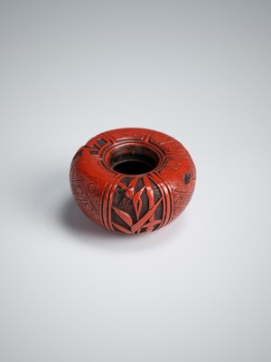 Lot 412 - A RARE TSUISHU LACQUER ASHTRAY NETSUKE DEPICTING THE THREE FRIENDS OF WINTER (SHOCHIKUBAI)