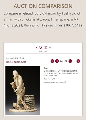 Lot 170 - SEIYO: AN IVORY OKIMONO OF A MAN FEEDING HIS CHICKENS